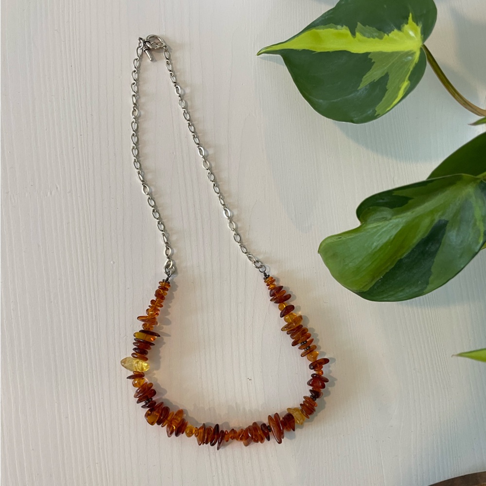 Vintage Baltic Amber nuggets and silver chain necklace